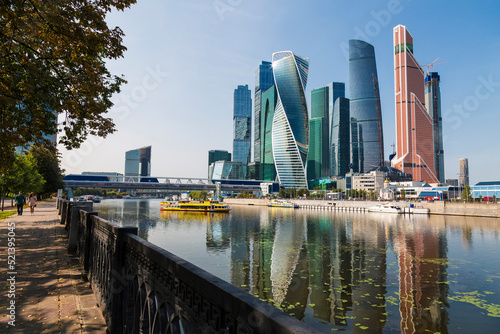 View of the Moscow International Business Center from the quay of Taras Shevchenko on a sunny summer day, Moscow, Russia