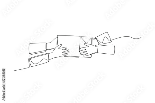 Single one line drawing Two hands holding packaged gift box together. gift box concept. Continuous line draw design graphic vector illustration. © Sell Vector