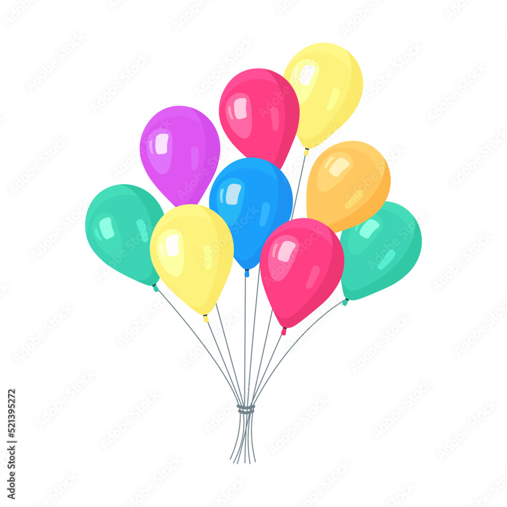 Bunch of helium balloon, flying air balls  isolated on white background. Happy birthday, holiday concept. Party decoration