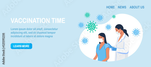 Doctor or nurse vaccinates a patient. Vaccination against coronavirus, flu, other viruses, infections or diseases. Syringe with medicine. Immunization of adults with covid vaccine