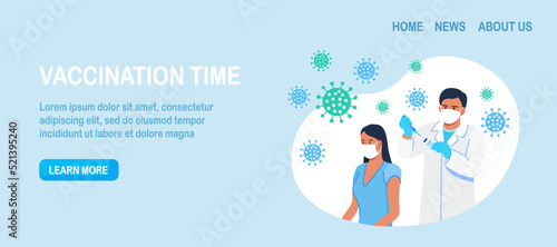 Coronavirus vaccination. Doctor, nurse injecting a patient, getting first shot of covid vaccine in arm muscle. Medical staff in protective face mask. Immunization against covid-19