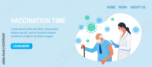 Doctor, nurse giving a coronavirus vaccine to elderly man. Old people vaccination for immunity health for covid-19. Immunization of adults