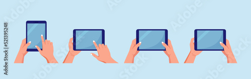 Set of tablet pc. Hands holding and pointing on gadget screen. Man touching blank screen of tablet computer