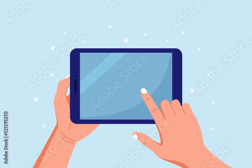 Hands holding and pointing on digital tablet pc. Man touching blank screen of tablet computer