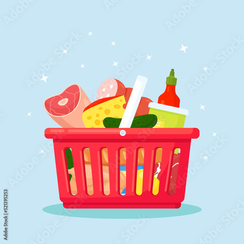 Plastic shopping baskets for supermarket. Shopping basket full of grocery products, fresh healthy food, drink