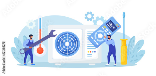 Professional service for repair of air conditioners. Maintenance and installation of cooling systems. Warranty repair and cleaning,  replacement of filters. Worker with wrench