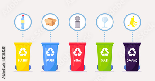 Waste collection, segregation and recycling. Garbage separated into different types and collected into waste containers. Each bin for different material