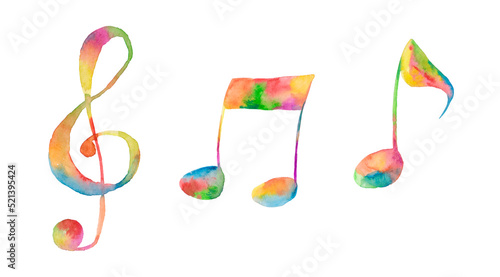 Watercolor illustration with music notes and treble clefs. Isolated illustration on the theme of music on a white background