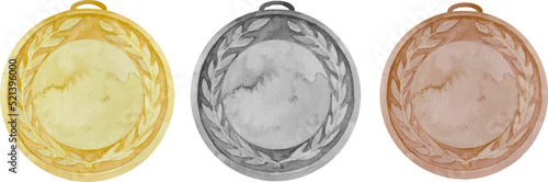 Watercolor illustration collection of three winner medals. Gold, silver and bronze sport medal. Round shape