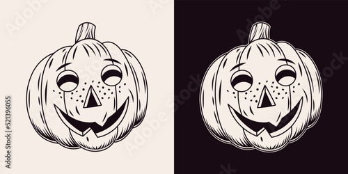 Halloween pumpkin with happy grinning smile, cute grimace. Stylized as baby face with freckles. Traditional jack o lantern. Monochrome vector illustration isolated on a white, black background.