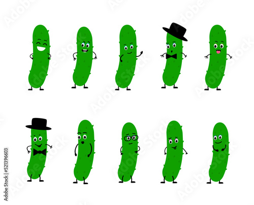 cucumber character with funny face. Happy cute cartoon emoji set.