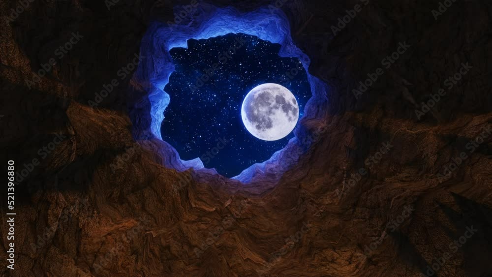 Cave rock tunnel opens up towards the sky full of stars and the full