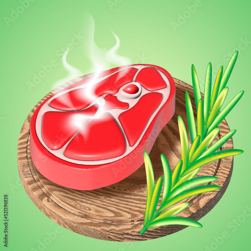 Steak on a wooden plate with rosemary. Cooking, recipes, decoration of dishes.