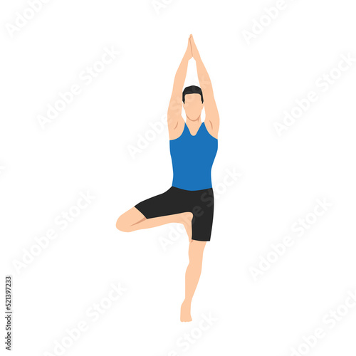 Man doing tree pose vrksasana exercise. Flat vector illustration isolated on white background