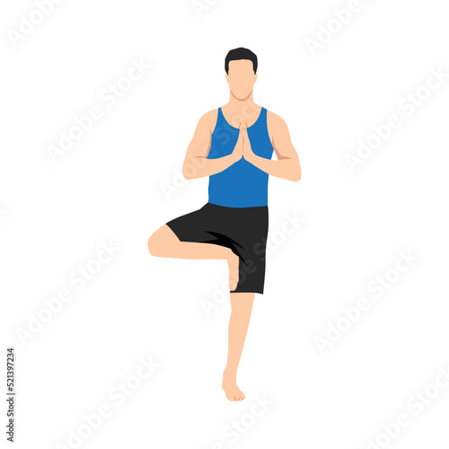 Young man practicing yoga with tree pose, vrksasana asana, stand on one leg. Flat vector illustration isolated on white background