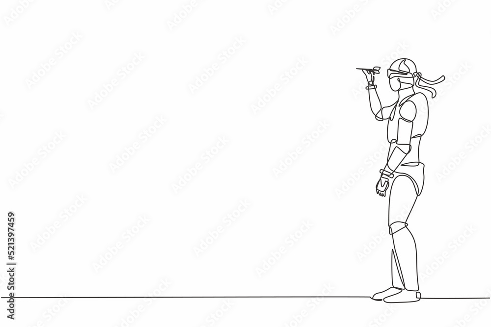 Single continuous line drawing robot blindfolded throwing dart. Unclear target, blind business vision. Robotic artificial intelligence. Electronic technology. One line draw design vector illustration