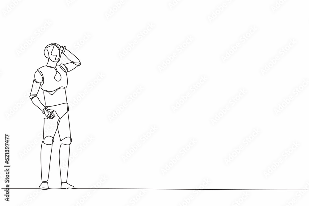 Continuous one line drawing confused robot standing missed opportunities. Humanoid robot cybernetic organism. Future robotic development concept. Single line draw design vector graphic illustration Continuous one line drawing confused robot standing missed opportunities. Humanoid robot cybernetic organism. Future robotic development concept. Single line draw design vector graphic illustration