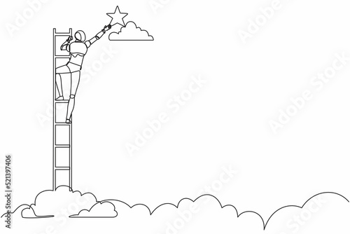 Continuous one line drawing robot standing on stairs and reaching star on the sky. Humanoid robot cybernetic organism. Future robotic development. Single line draw design vector graphic illustration