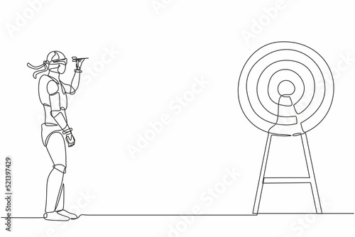 Single one line drawing robot using blindfold and hit darts target. Future technology development. Artificial intelligence and machine learning. Continuous line draw design graphic vector illustration