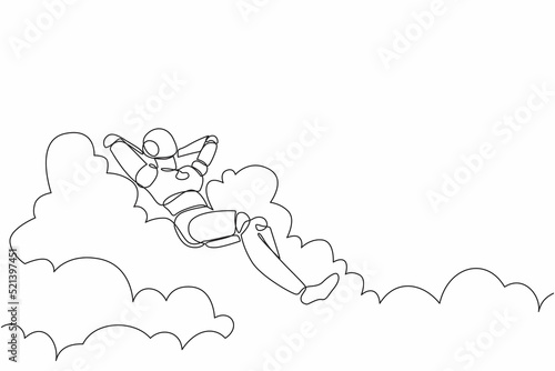 Single continuous line drawing robot relaxing laying on clouds. Break, vacation, coffee time and relaxation. Modern robotic artificial intelligence. One line draw graphic design vector illustration