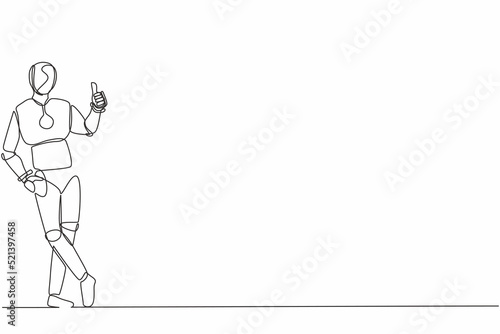 Single one line drawing robot standing or leaning with thumbs up gesture. Future technology development. Artificial intelligence and machine learning. Continuous line draw design vector illustration