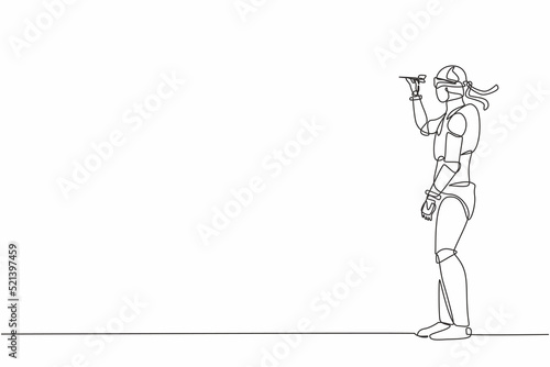 Single continuous line drawing robot blindfolded throwing dart. Unclear target, blind business vision. Robotic artificial intelligence. Electronic technology. One line draw design vector illustration