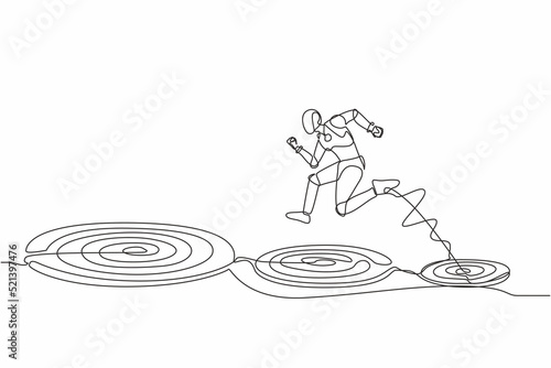 Continuous one line drawing robot jumping on bigger target, successfully. Advancement in career. Humanoid robot cybernetic organism. Future robotic development. Single line design vector illustration