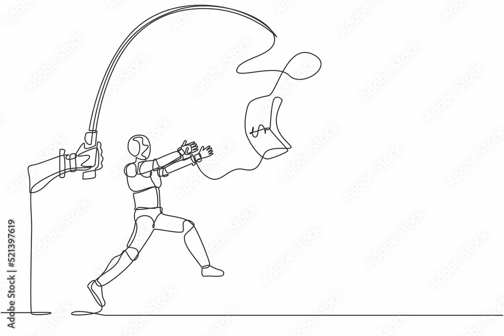 Continuous one line drawing hand with fishing pole and dollar cash control greedy robot. Humanoid robot cybernetic organism. Future robotics development. Single line draw design vector illustration