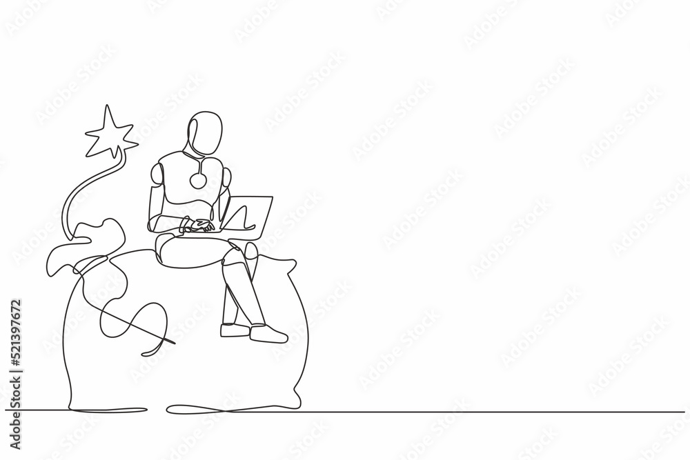 Single one line drawing robot sitting on huge bomb with burning fuse and money bag. Future technology. Artificial intelligence and machine learning. Continuous line graphic design vector illustration