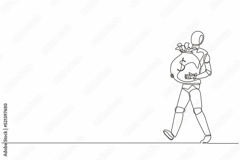 Single one line drawing robot walking and carrying big heavy sack full of cash money. Future technology. Artificial intelligence and machine learning. Continuous line draw design vector illustration Single one line drawing robot walking and carrying big heavy sack full of cash money. Future technology. Artificial intelligence and machine learning. Continuous line draw design vector illustration