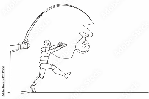 Single continuous line drawing hand with fishing pole and money bag control greedy robot. Robotic artificial intelligence. Electronic technology. One line draw graphic design vector illustration