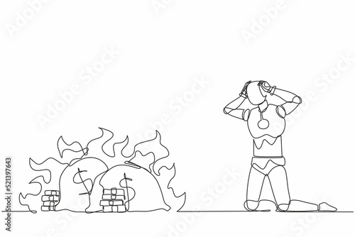 Single one line drawing robot kneeling. Finances burning up. Global financial crisis. Future technology. Artificial intelligence machine learning. Continuous line graphic design vector illustration
