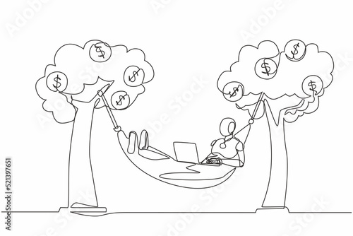 Single continuous line drawing robot typing with laptop in hammock tied on money tree with dollar coin. Robotic artificial intelligence. Electronic technology. One line draw design vector illustration