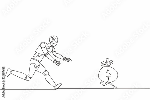 Single continuous line drawing robot chasing money bag dollar run away. Modern robotic artificial intelligence. Electronic technology industry. Dynamic one line draw graphic design vector illustration