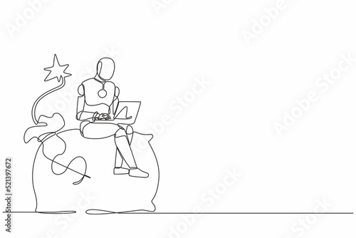 Single one line drawing robot sitting on huge bomb with burning fuse and money bag. Future technology. Artificial intelligence and machine learning. Continuous line graphic design vector illustration