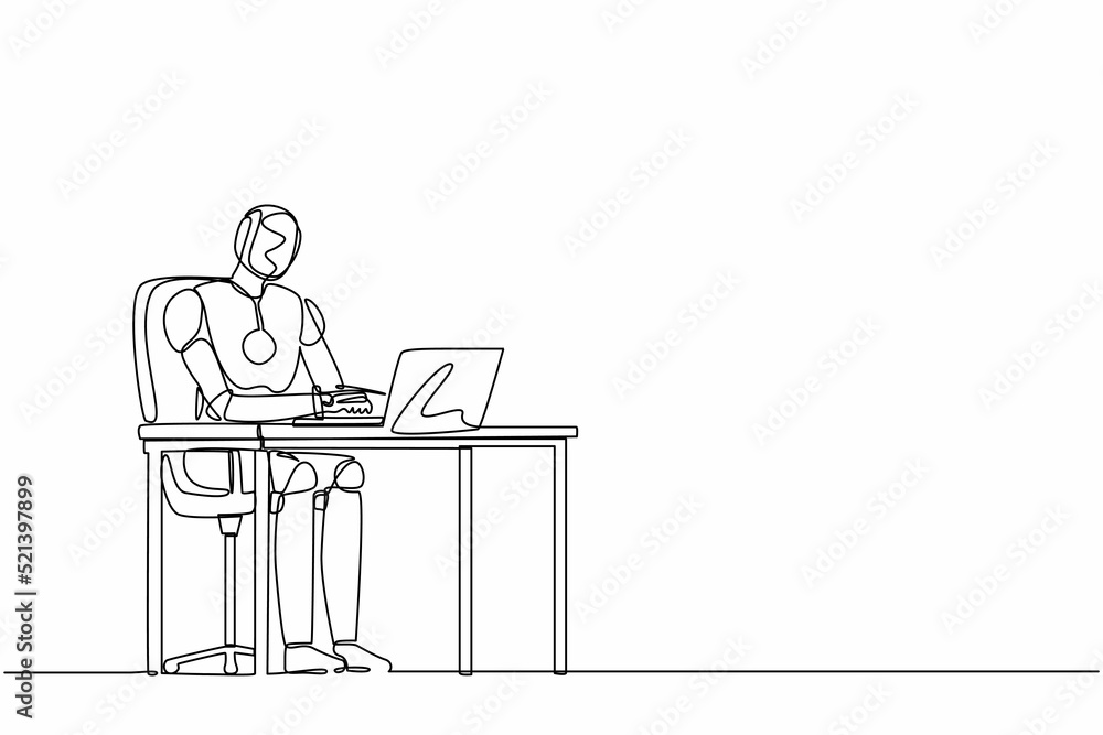 Continuous one line drawing robot working, typing and sending messages at desk. Humanoid robot cybernetic organism. Future robotics development. Single line draw design vector graphic illustration Continuous one line drawing robot working, typing and sending messages at desk. Humanoid robot cybernetic organism. Future robotics development. Single line draw design vector graphic illustration