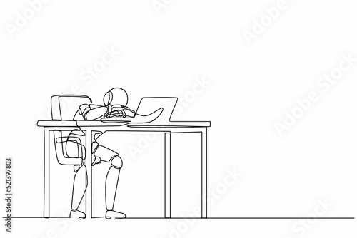 Single one line drawing robot throwing tantrum in office holding head with hands. Future technology development. Artificial intelligence machine learning. Continuous line design vector illustration