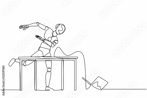 Continuous one line drawing frustrated robot is angry and throwing laptop. Humanoid robot cybernetic organism. Future robotics development concept. Single line draw design vector graphic illustration