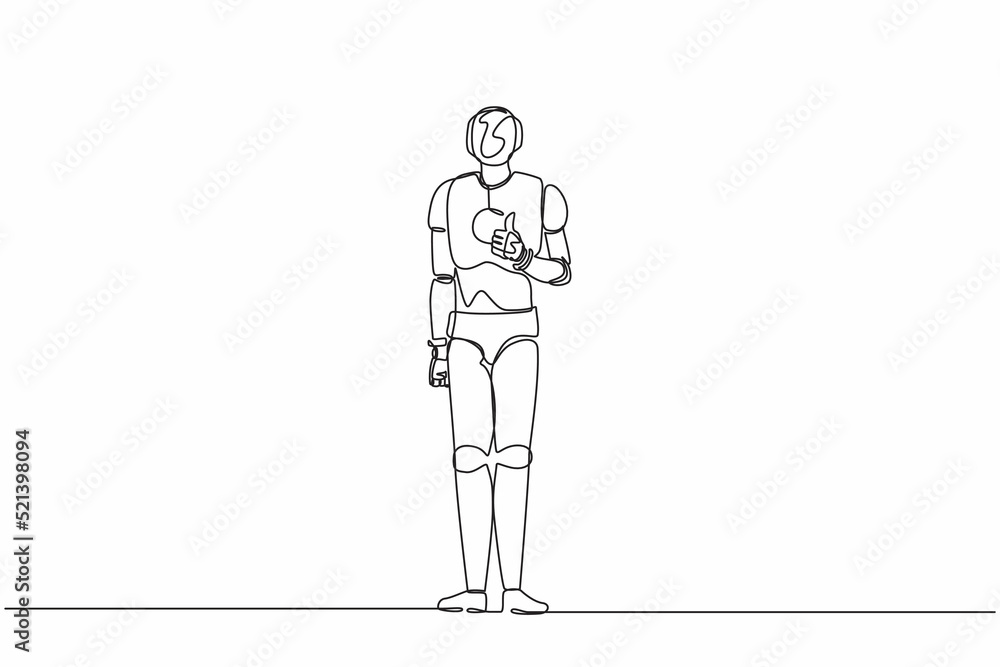 Single one line drawing robot showing thumbs up sign. Deal, like, agree, approve, accept. Future technology development. Artificial intelligence. Continuous line design graphic vector illustration Single one line drawing robot showing thumbs up sign. Deal, like, agree, approve, accept. Future technology development. Artificial intelligence. Continuous line design graphic vector illustration