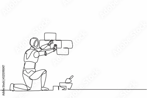 Single continuous line drawing robot repair worker laying ceramic wall tile. Modern robotic artificial intelligence. Electronic technology industry. One line draw graphic design vector illustration