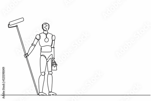 Continuous one line drawing robot painter with bucket of paint and paint roller. Humanoid robot cybernetic organism. Future robotics development. Single line draw design vector graphic illustration