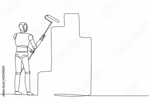 Continuous one line drawing robot painting wall with roller. Home repair, renovation. Humanoid robot cybernetic organism. Future robotic development. Single line design vector graphic illustration