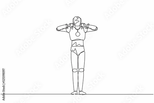 Continuous one line drawing robot showing thumbs down sign gesture. Dislike, disagree, disappointment, disapprove, no deal. Humanoid robot cybernetic organism. Single line design vector illustration