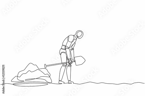 Single one line drawing robot walking unsteadily leaving hole dug dragging shovel. Future technology. Artificial intelligence and machine learning. Continuous line design graphic vector illustration