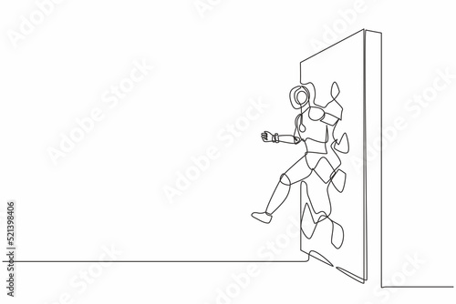 Single one line drawing robot run and breaking through brick wall. Future technology development. Artificial intelligence and machine learning. Continuous line draw design graphic vector illustration