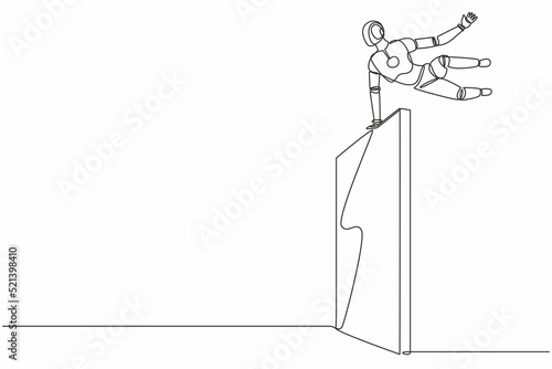 Single one line drawing robot jumps over wall, outside comfort zone. Future technology. Artificial intelligence and machine learning processes. Continuous line draw design graphic vector illustration