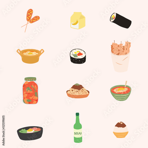 Traditional Korean dishes bibimbap, hotteok, kimchi, oden, galbi-gui, guksu, gimbap, soju. Vector hand drawn illustration.