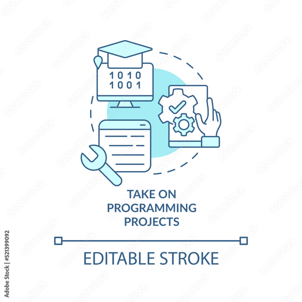 Take on programming projects turquoise concept icon. Become software engineer abstract idea thin line illustration. Isolated outline drawing. Editable stroke. Arial, Myriad Pro-Bold fonts used Take on programming projects turquoise concept icon. Become software engineer abstract idea thin line illustration. Isolated outline drawing. Editable stroke. Arial, Myriad Pro-Bold fonts used