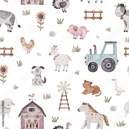 Fototapeta Naklejka Na Ścianę i Meble -  Watercolor seamless pattern with farm animals.
