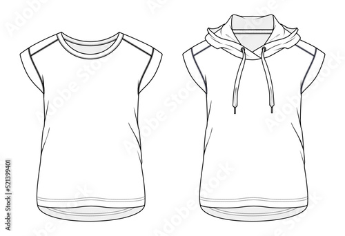 sleeveless hoodie t shirt flat sketch vector illustration men, women and kids hooded t shirt apparel template